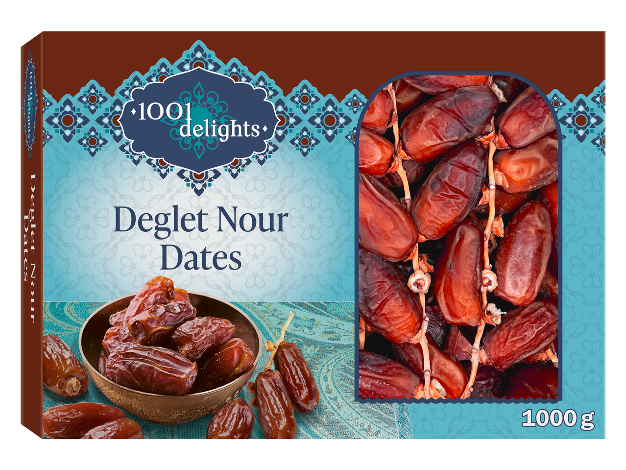1001 DELIGHTS Deglet Nour Dates packaging with dates in a bowl and a window showing more dates.