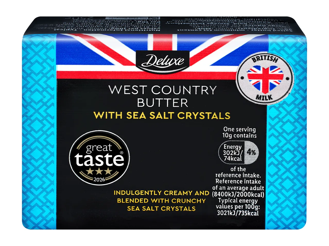 West Country butter with sea salt crystals, featuring a Great Taste award logo.