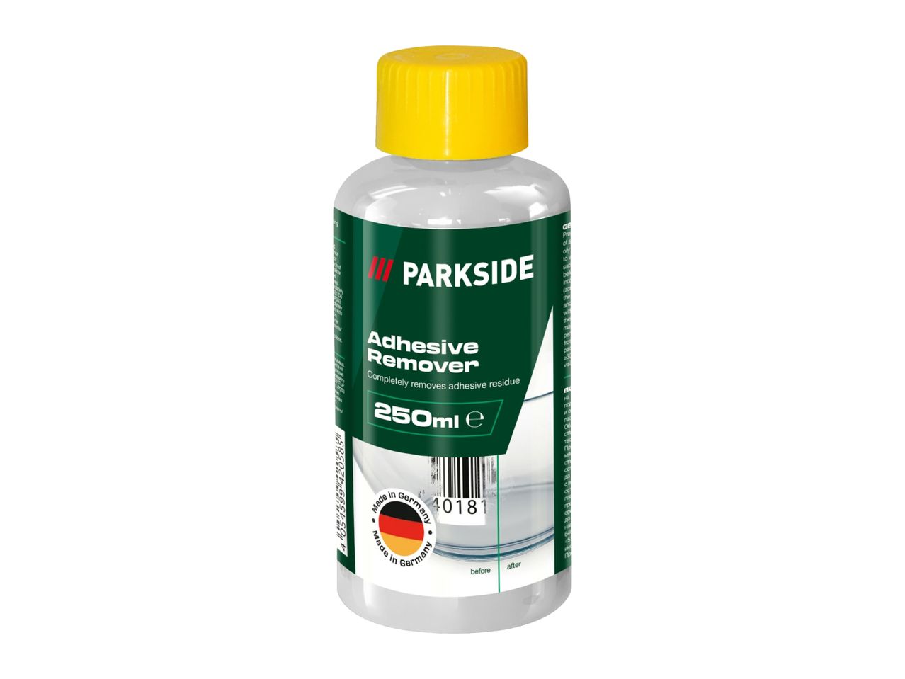 Adhesive remover bottle with a yellow cap, 250ml, made in Germany.