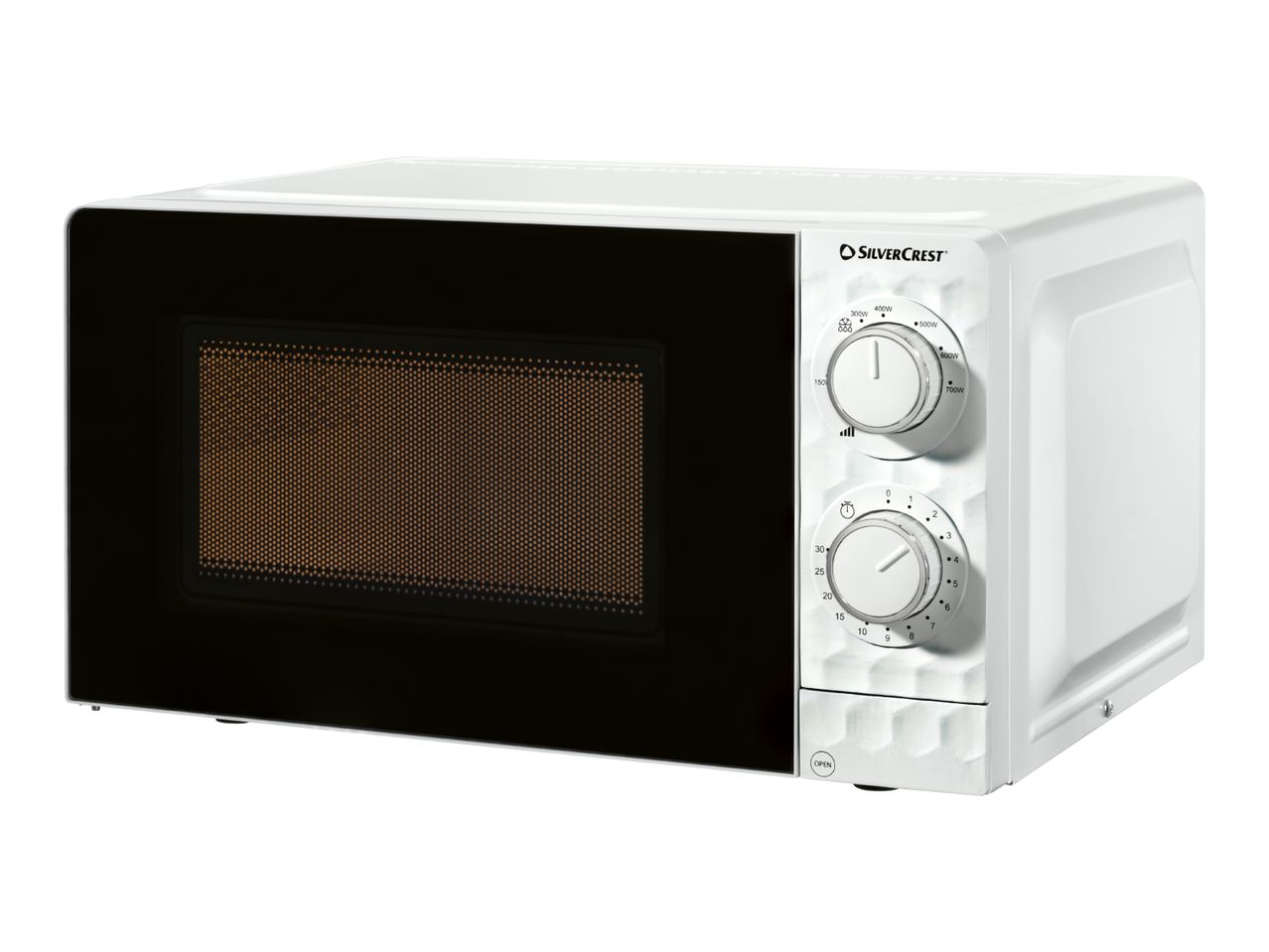 White microwave oven with mechanical control dials