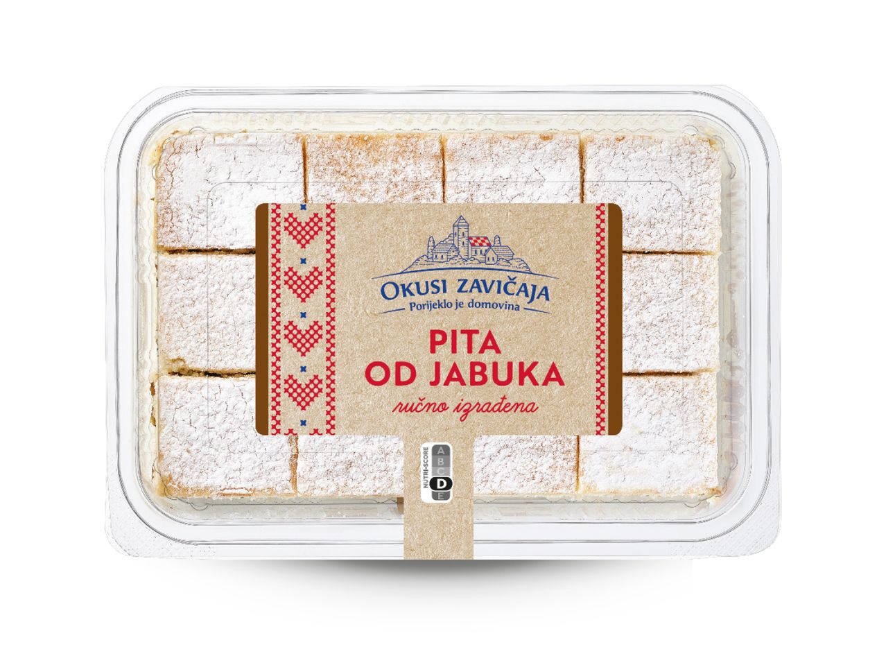 Pakiranje pite od jabuka s natpisom 'Okusi zavičaja' i Nutri-Score oznakom D.