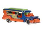 Hot Wheels Road Bandit toy car, blue and orange with colorful stripes.