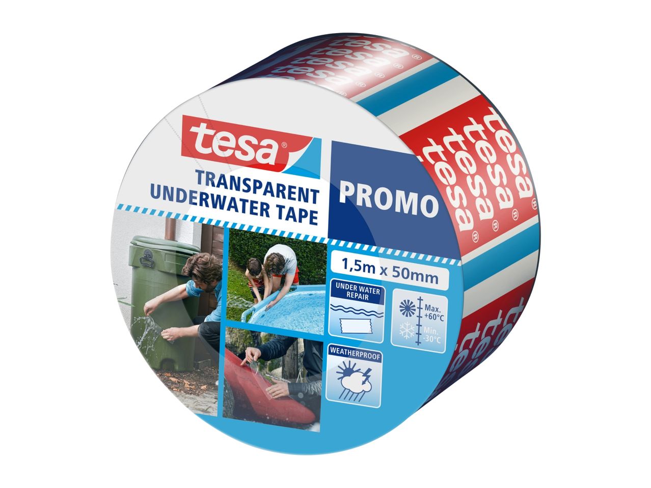 Transparent underwater tape for repairs, showing various applications and weather resistance.