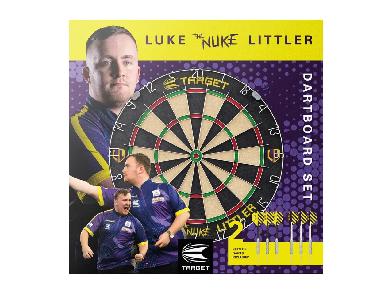 Luke 'The Nuke' Littler dartboard set with two sets of darts, featuring Target branding.