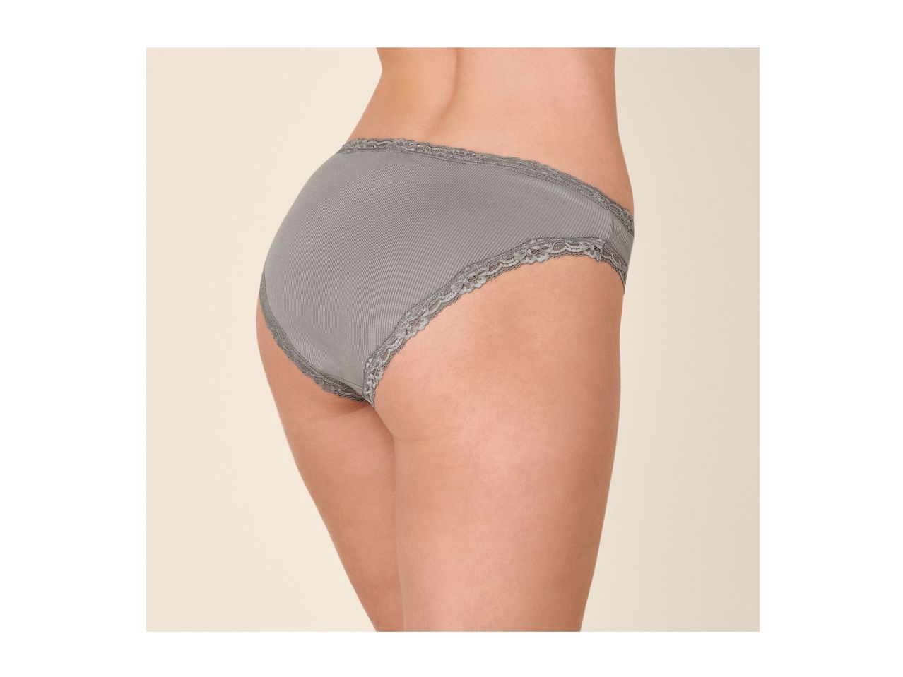Grey ribbed briefs with lace trim shown from the back