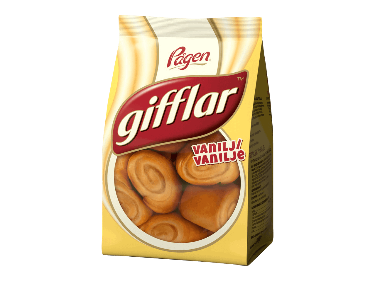 Vaniljatäytteisiä pullia sisältävä pakkaus, jossa on teksti 'VANILJ/VANILJE'.