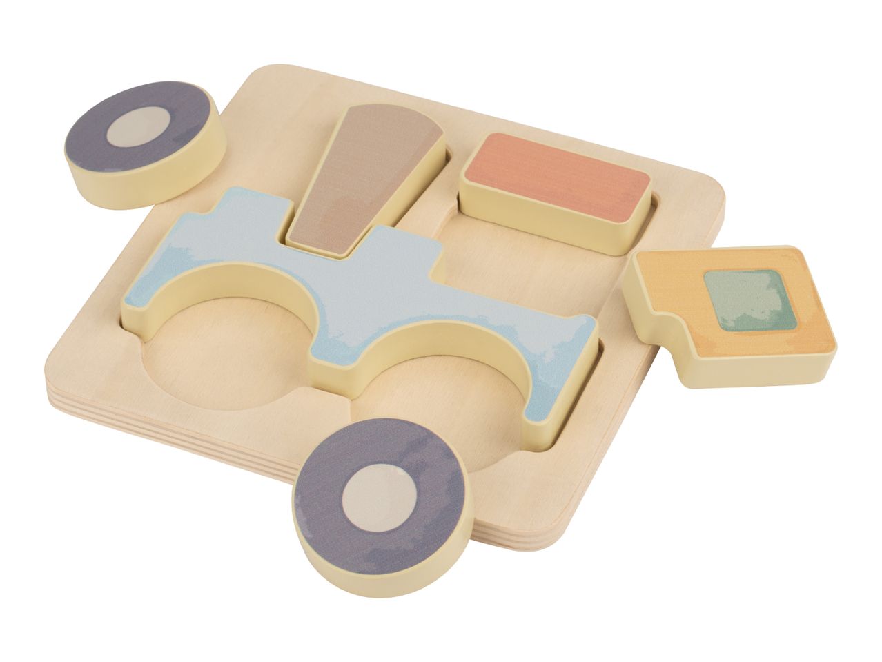 Wooden puzzle with car-shaped pieces in pastel colors.
