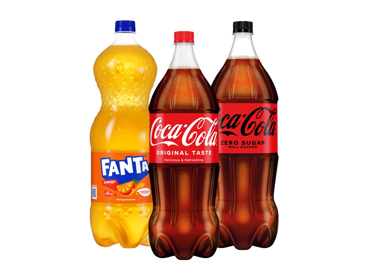 Coca-Cola, Coca-Cola Zero Zucker und Fanta Orangenlimonade in großen Plastikflaschen.