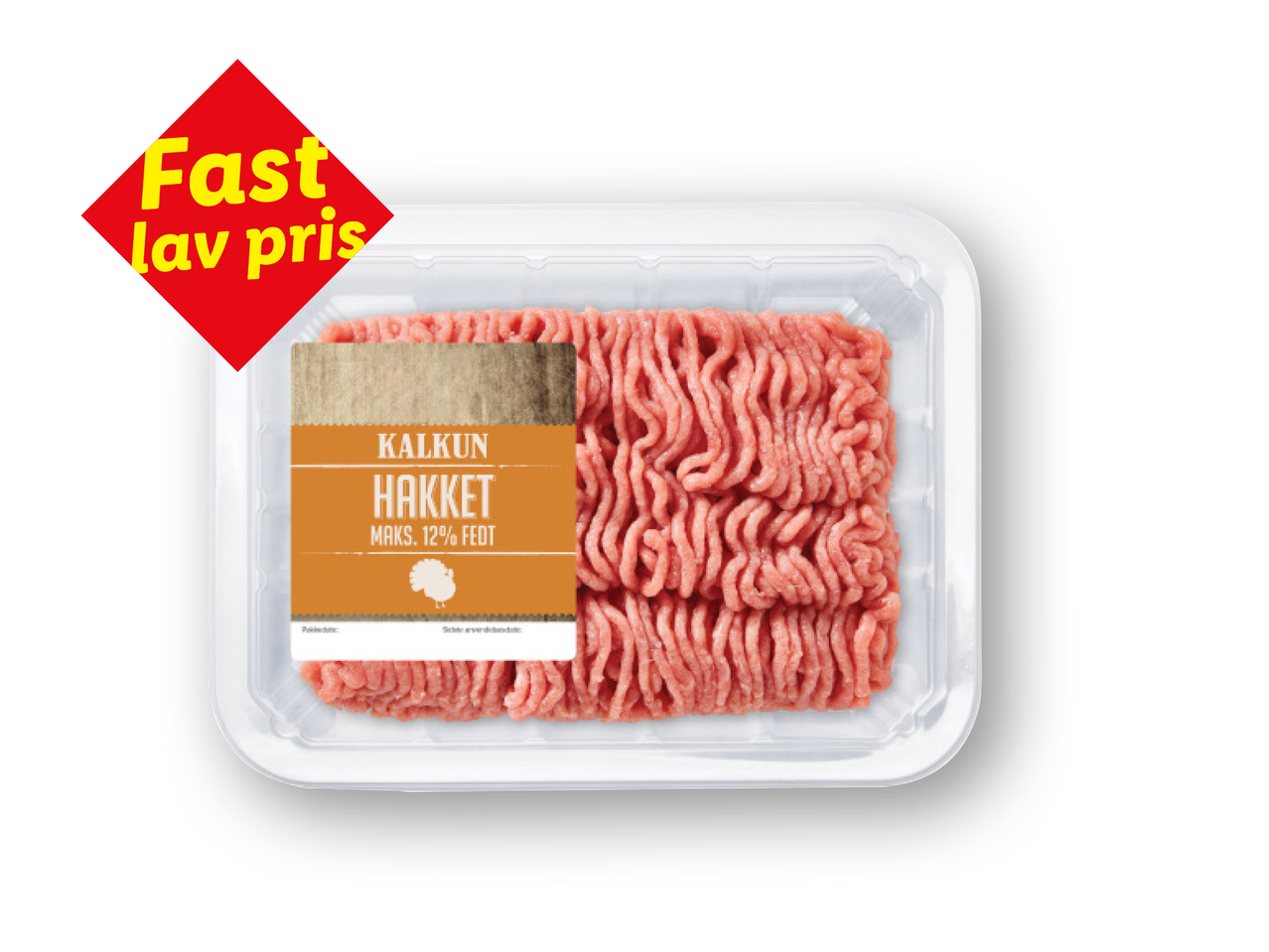 Pakke med hakket kalkun med maks. 12% fedt og et rødt skilt med teksten 'Fast lav pris'.