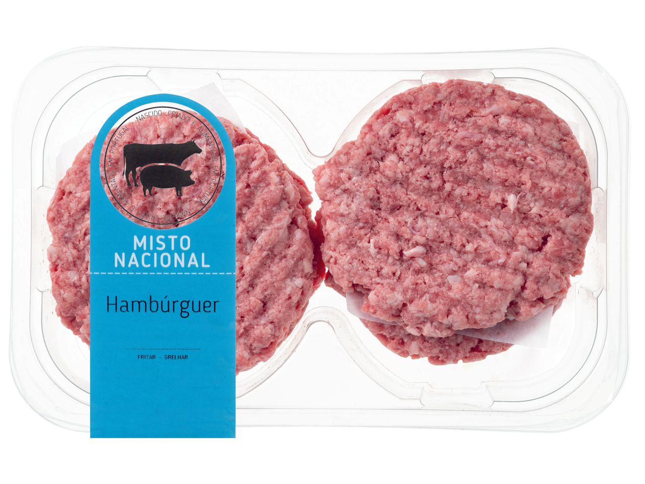 Hambúrgueres de carne mista em embalagem, com rótulo azul a indicar 'Misto Nacional'.
