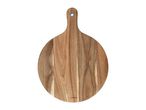 Round wooden cutting board with a handle and a metal eyelet for hanging.