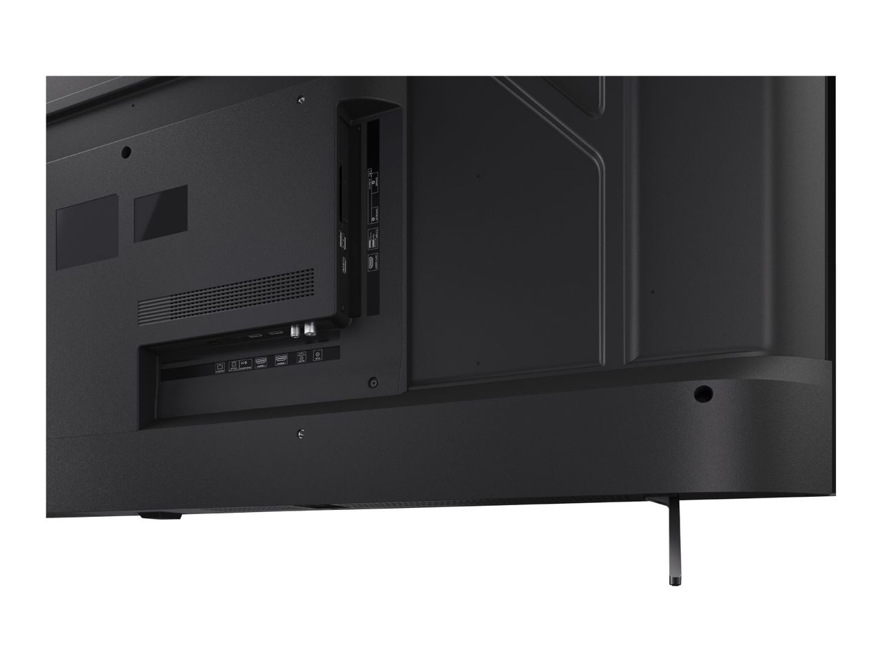 Rear view of a black television showing various input ports and a stand.