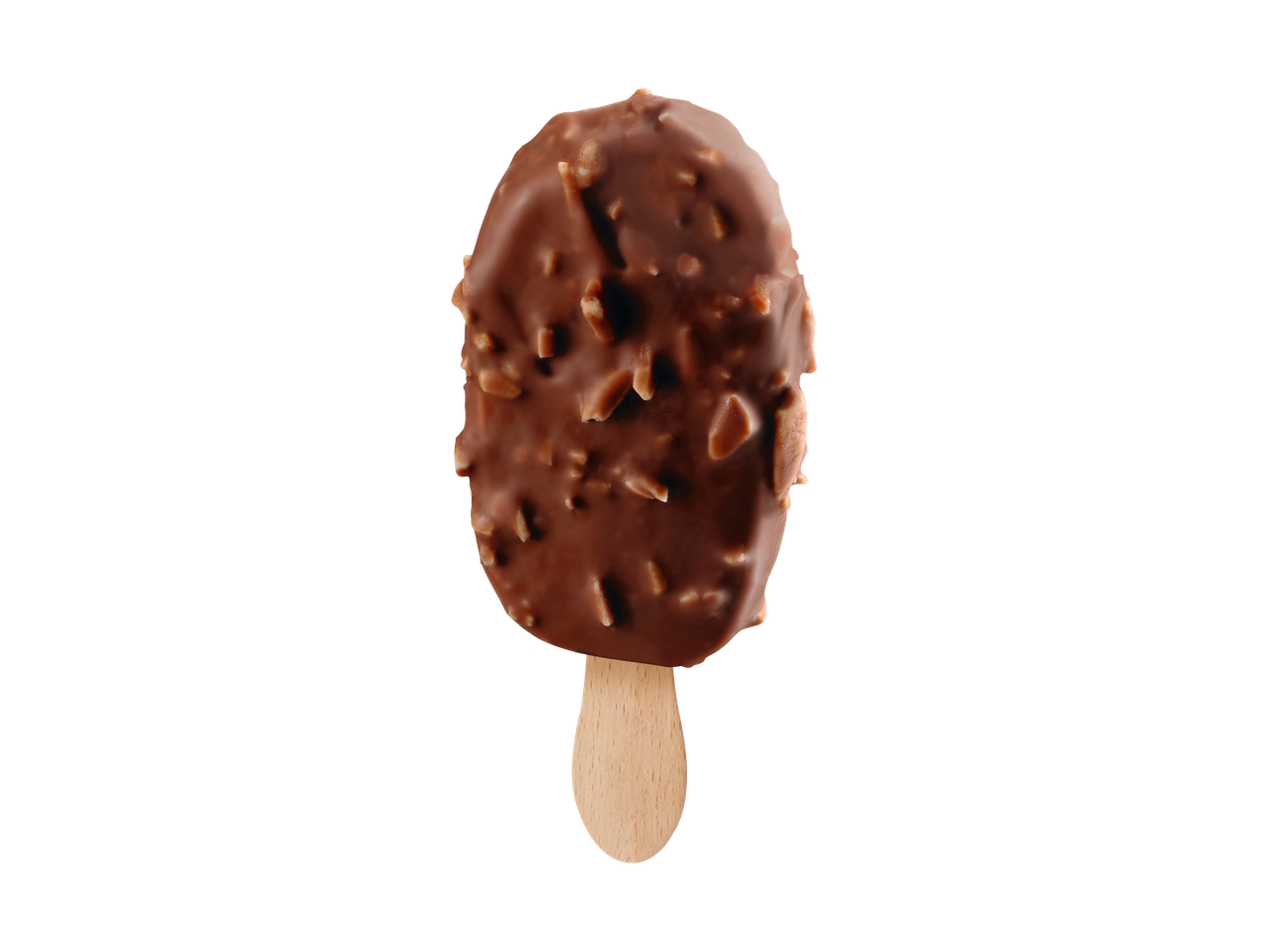 Um sorvete de chocolate com nozes em um palito.