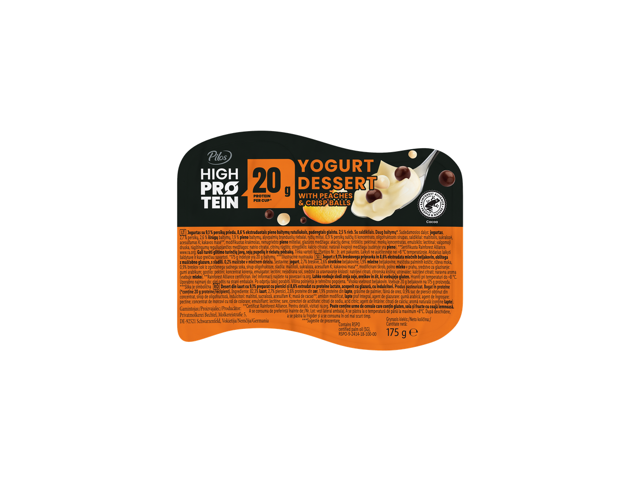 Pilos High Protein jogurtni desert z breskvami in hrustljavimi kroglicami, 175g.