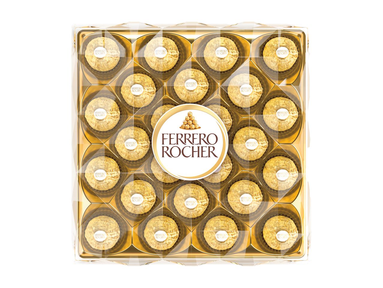 O cutie deschisă de bomboane Ferrero Rocher, cu 24 de bomboane aurii vizibile.
