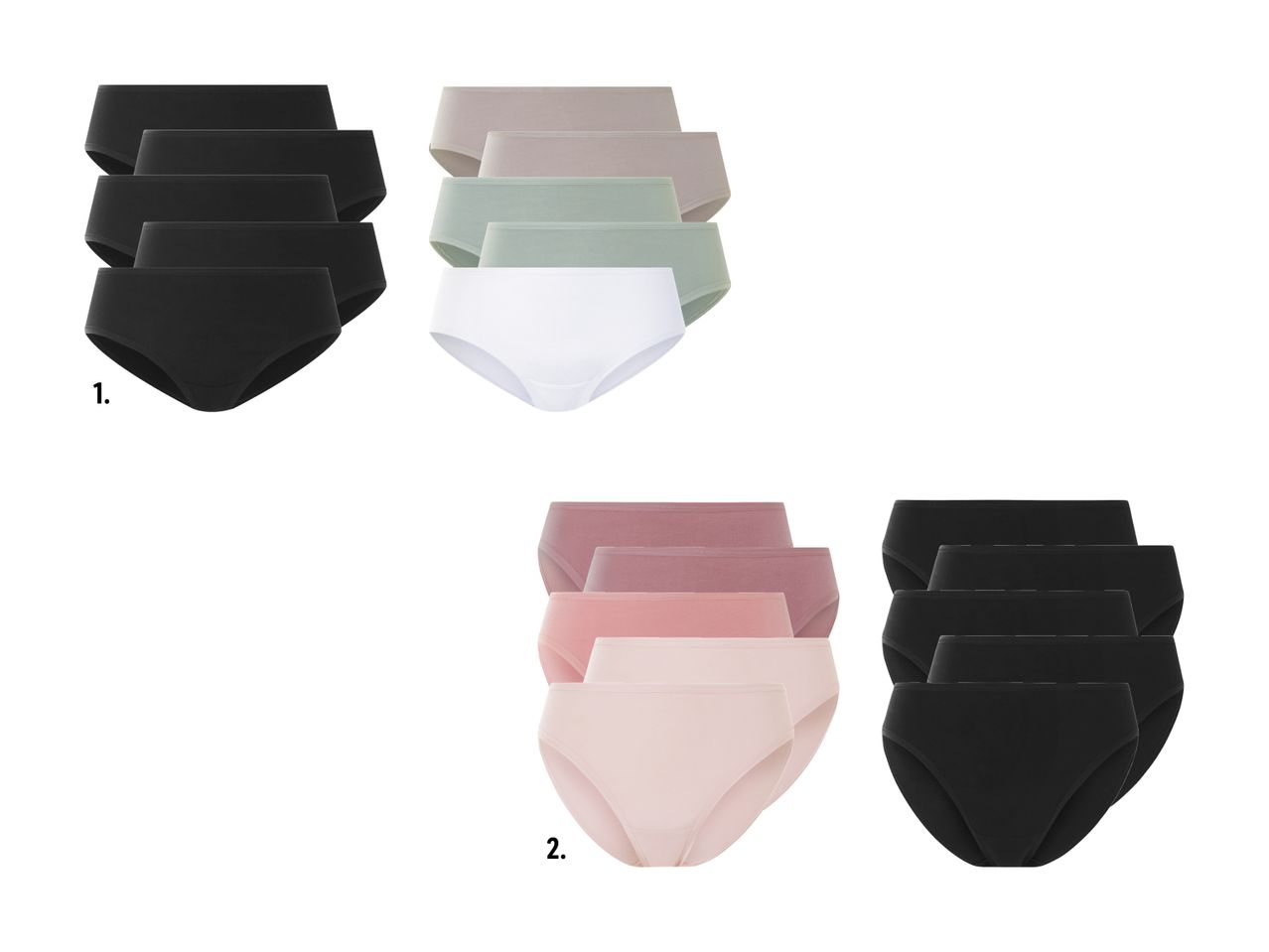 Sortimente Damen-Unterwäsche: 4 schwarze, 4 farbige Slips (1). 3 farbige, 3 schwarze Slips (2).