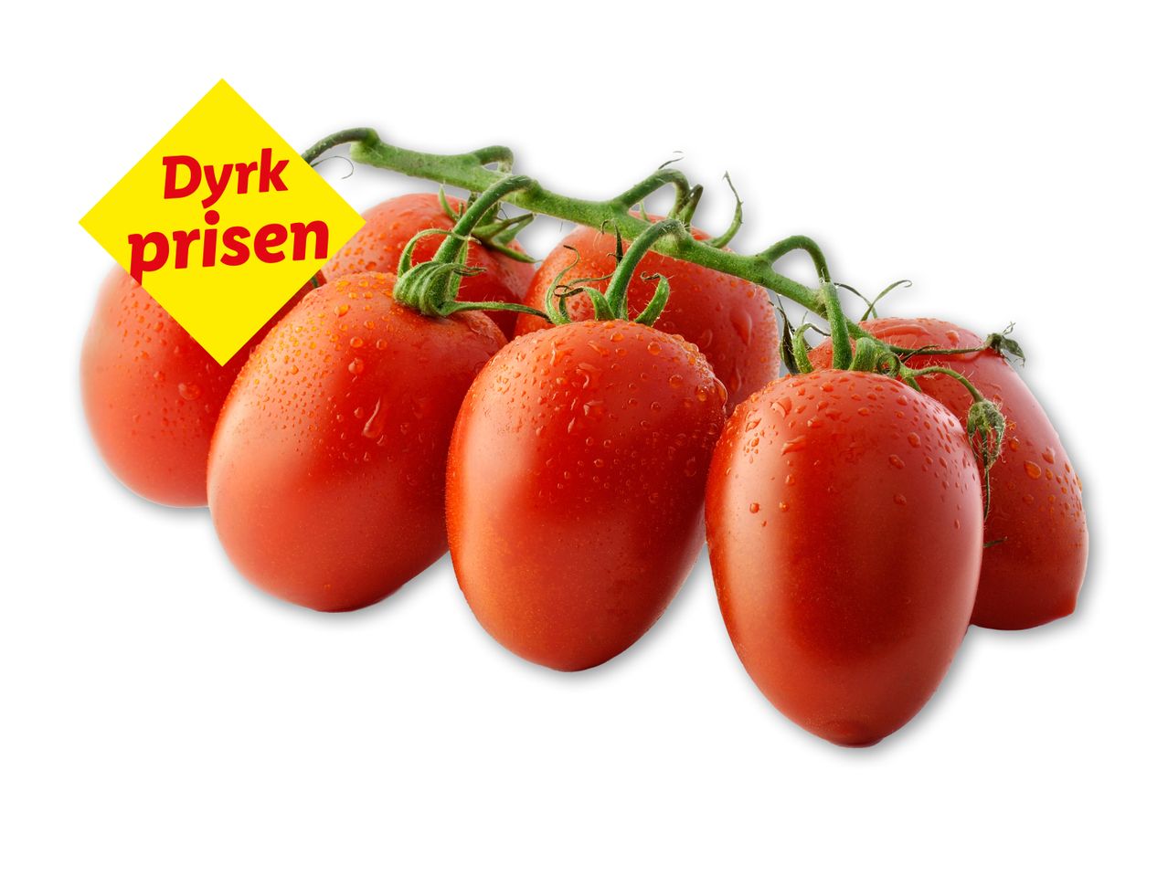 Friske tomater på stilk med vanddråber og et gult skilt med teksten 'Dyrk prisen'.