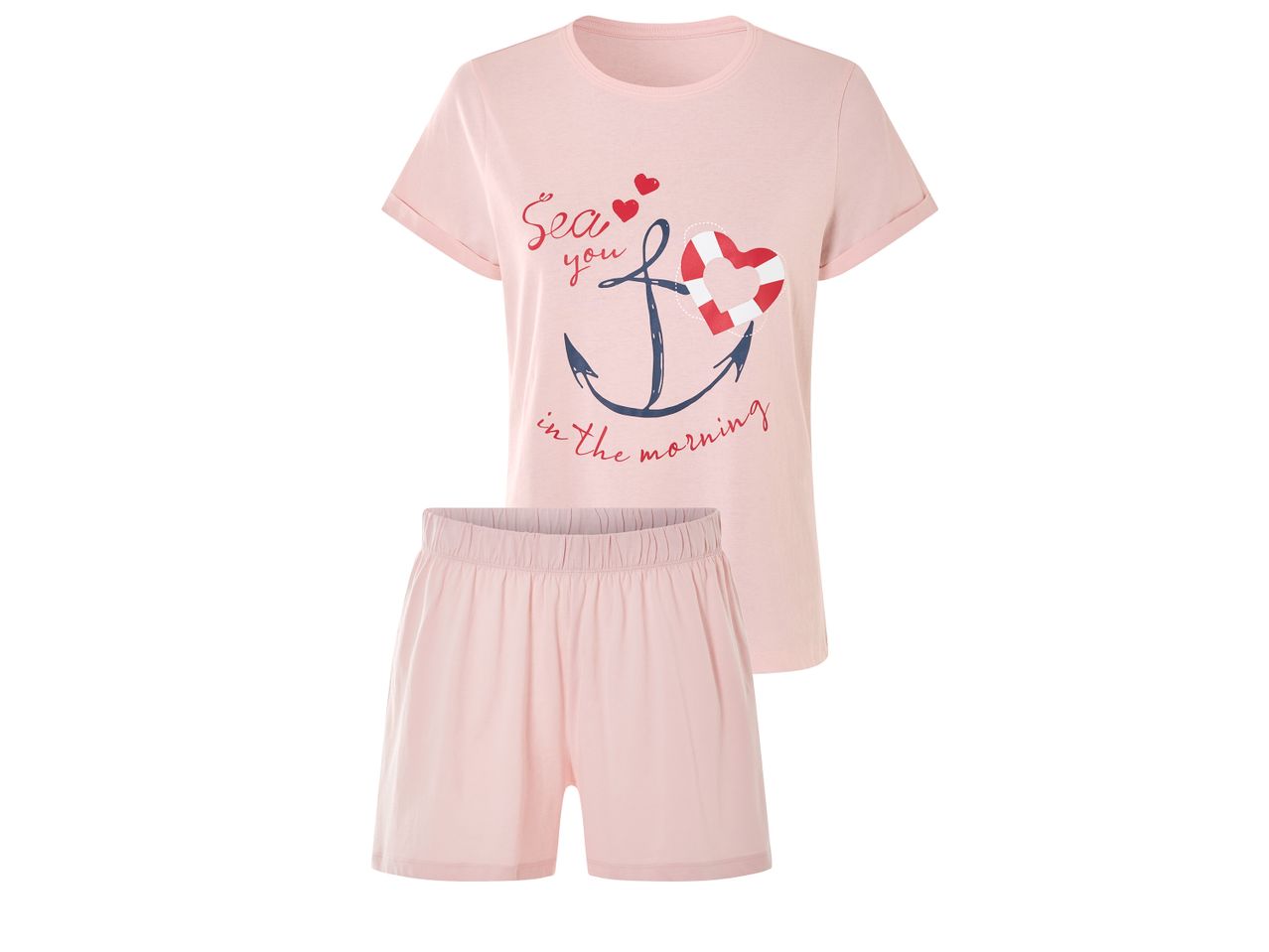 Pink women's pyjama set with a nautical theme featuring an anchor and life preserver heart.
