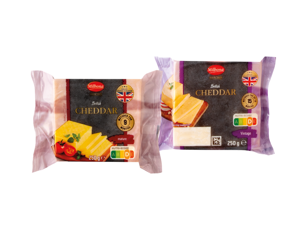 Dva pakiranja Milbona British Cheddar sira, jedno zrelo 9 mjeseci, drugo vintage 15 mjeseci.