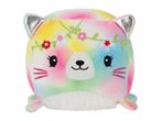 Rainbow cat plush toy with floral headband and silver ears