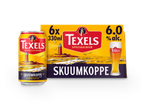 Een blikje en een 6-pack speciaalbier met een vuurtoren en golven, 6.0% alc.