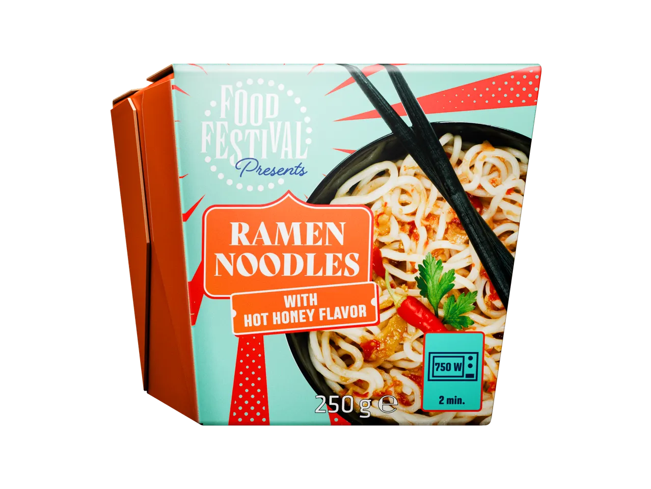 Aziatische noedelbox met ramen noedels en hot honey smaak