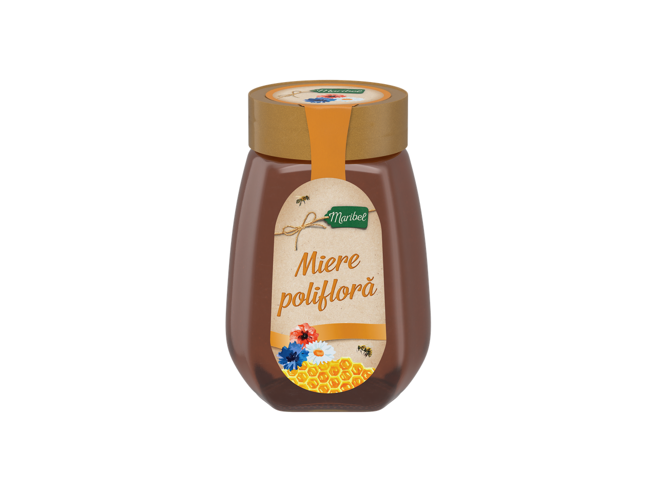 Borcan de miere polifloră Maribel cu etichetă rustică, cu flori și albine.