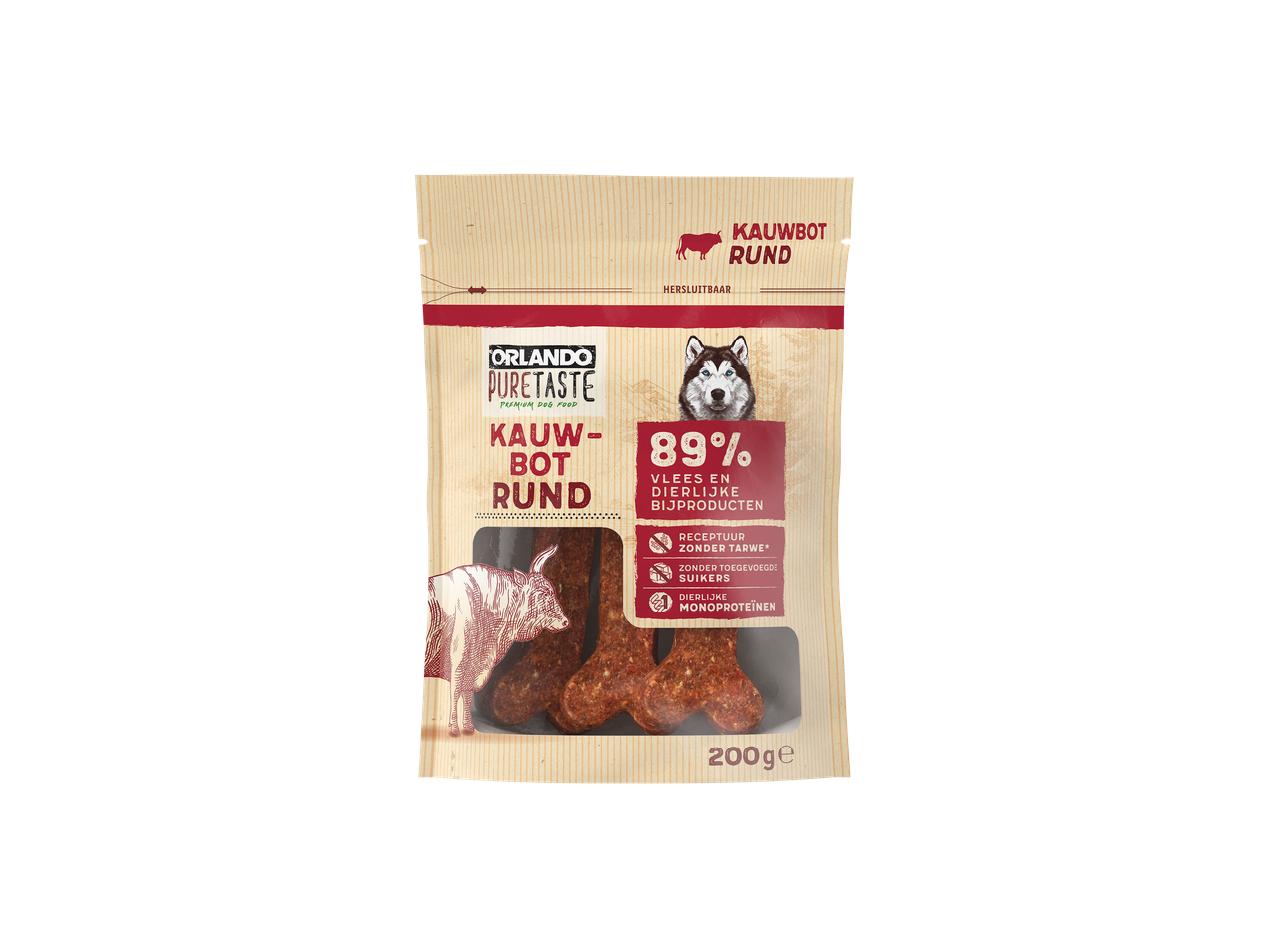 Orlando Pure Taste Premium Hondenvoer, Kauwbot Rund, 200g, met 89% vlees.
