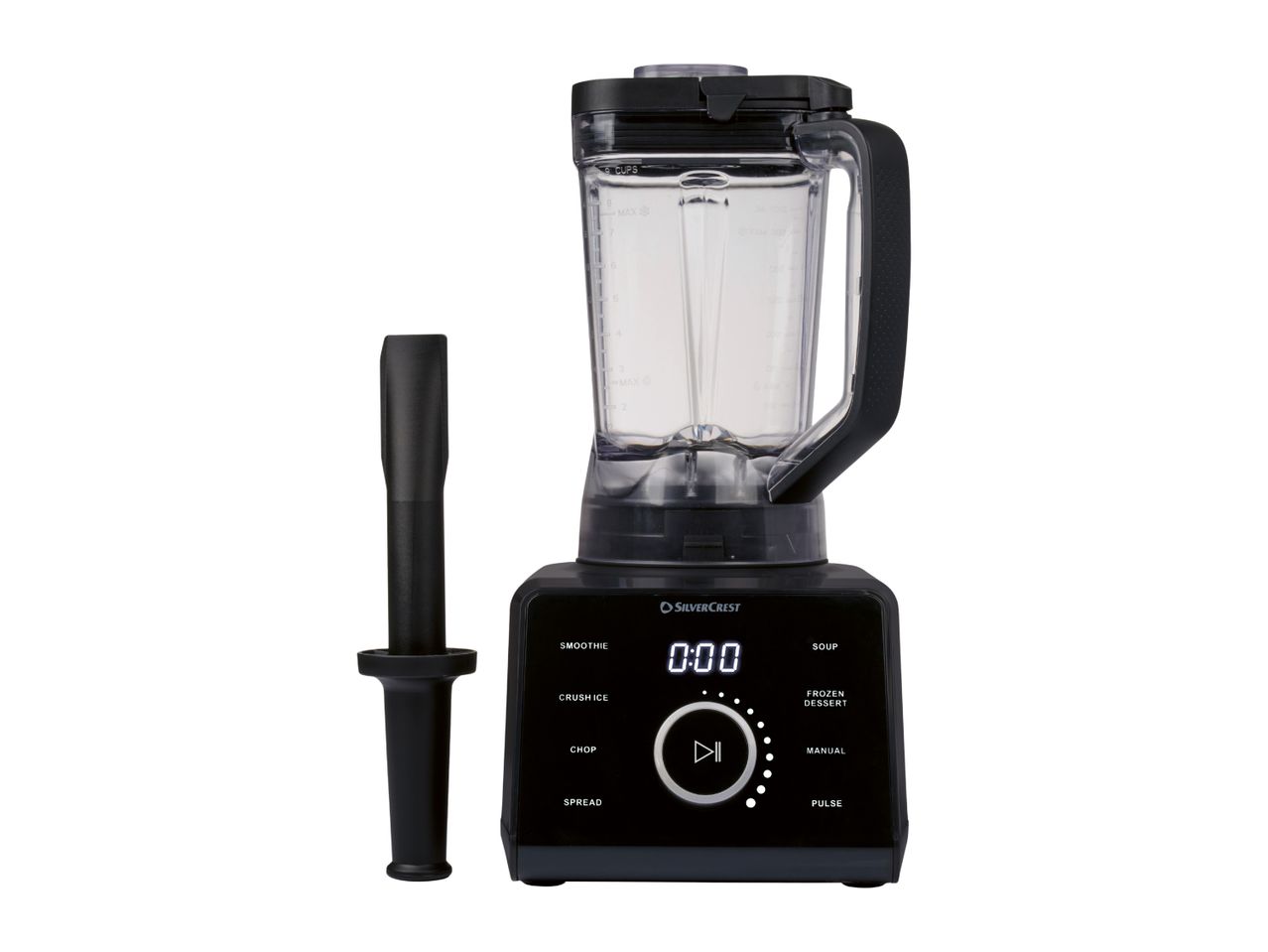 Black blender with a digital display, pitcher, and tamper accessory