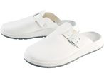 Two white Work Leather Clogs with adjustable straps and buckles.