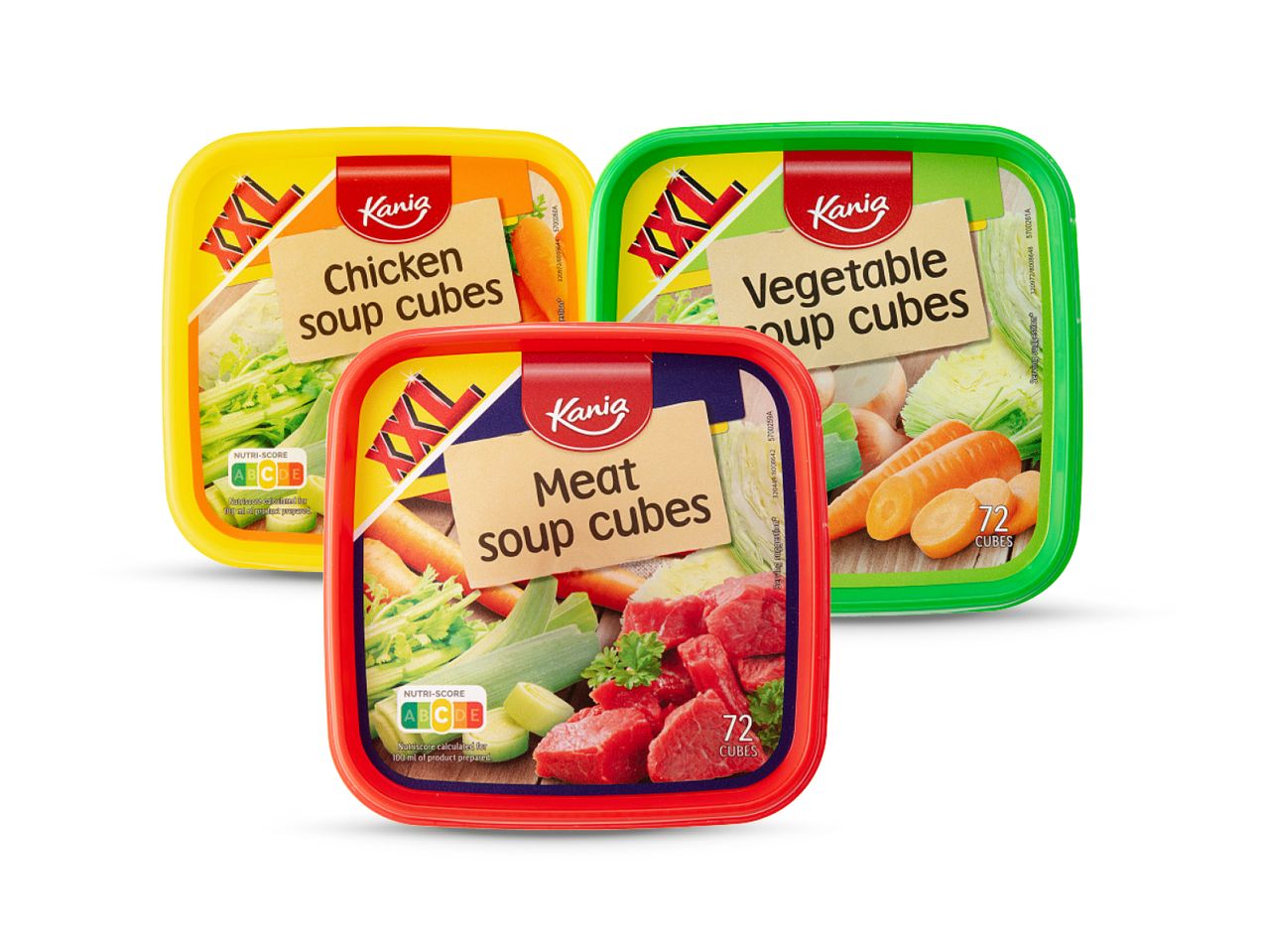 Tri posude s kockicama za juhu: pileća, vegetarijanska i mješovita.