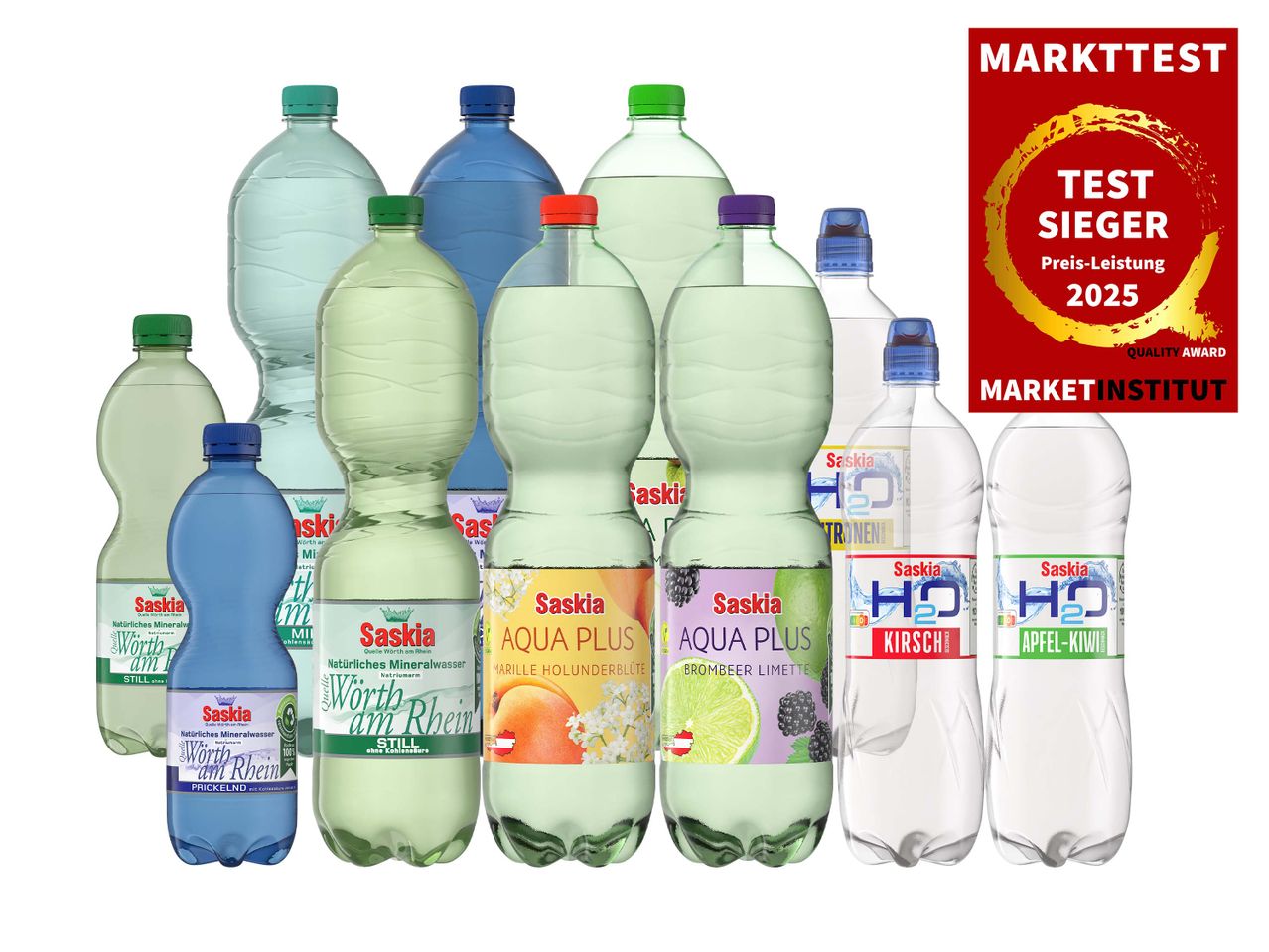 Saskia Mineralwasser und aromatisierte Getränke, ausgezeichnet als Testsieger 2025 für Preis-Leistung.