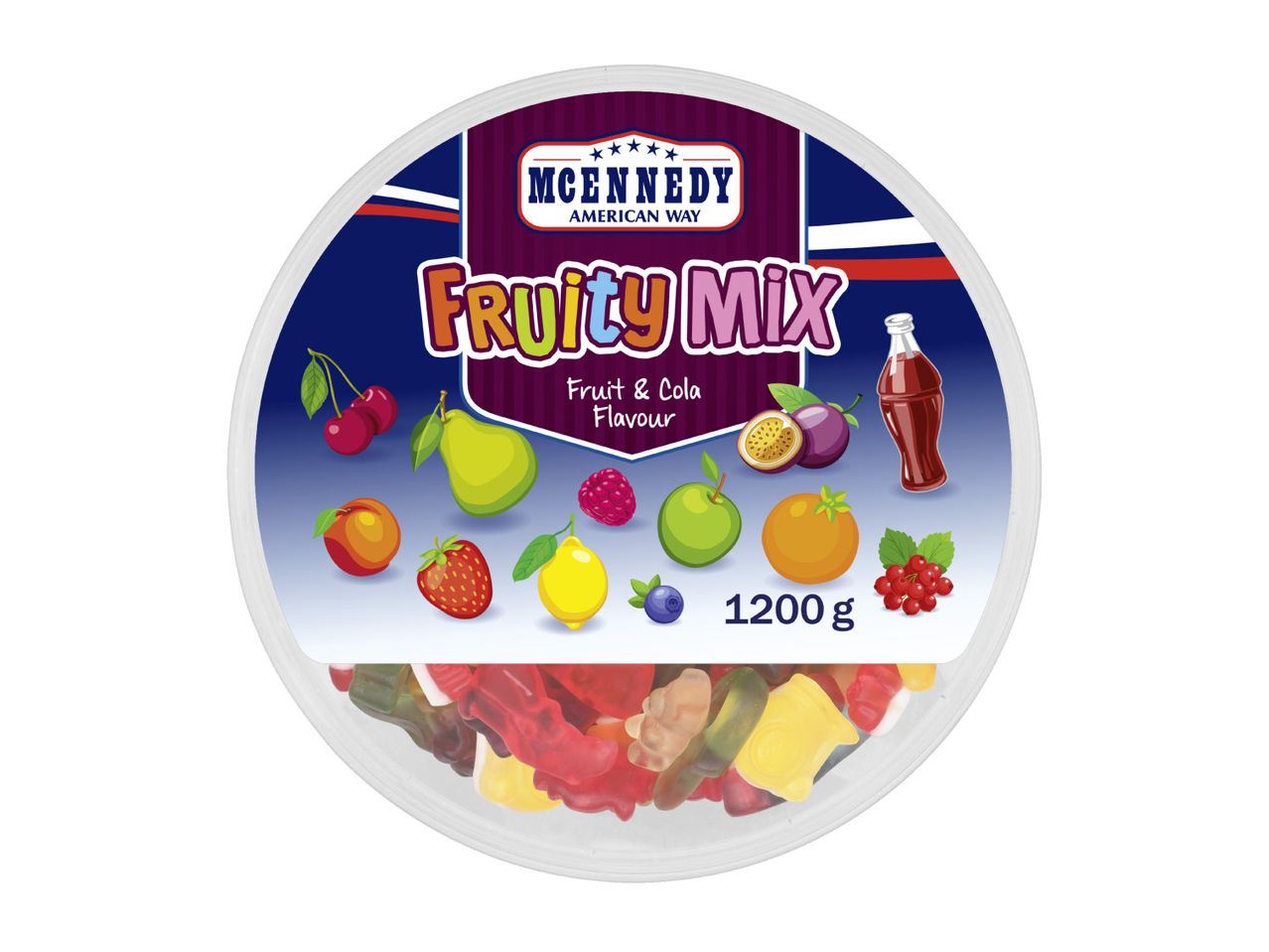 Round container of fruit and cola flavored gummy candies, with various fruit illustrations.