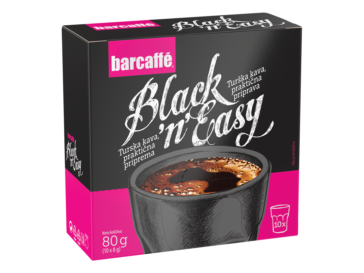 Črna škatla kave z roza poudarki, napisom »Black 'n' Easy« in skodelico kave.