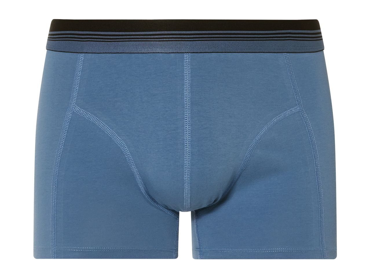 Men's blue cotton boxer shorts with a black waistband.