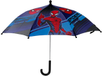 Spiderman-paraplu met Spiderman-motief en logo in blauw, rood en zwart.