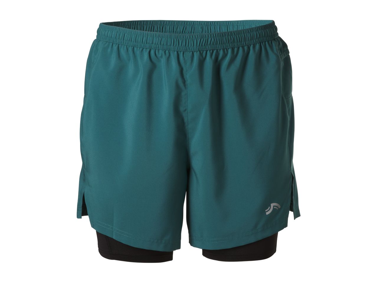 Teal men's running shorts with black inner shorts and a reflective logo.