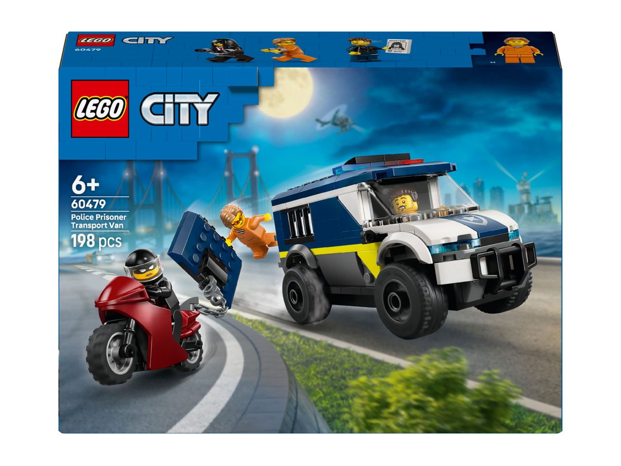Police prisoner transport van set with a motorcycle, a police officer, and two prisoners.
