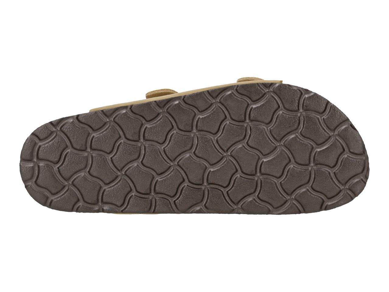 Bottom view of a brown sandal with a textured sole.