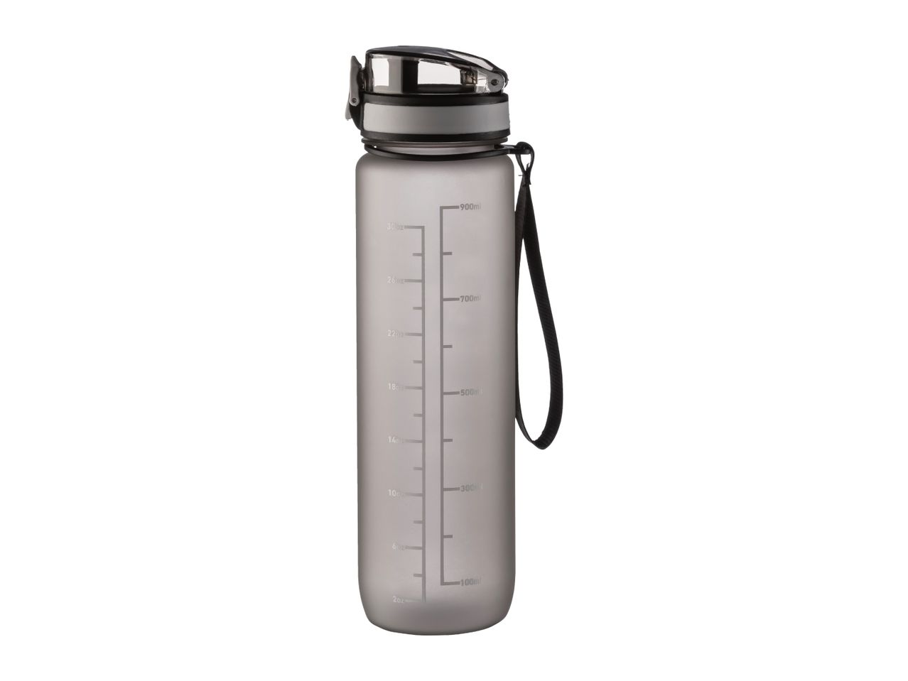 A grey water bottle with measurement markings in milliliters and ounces.