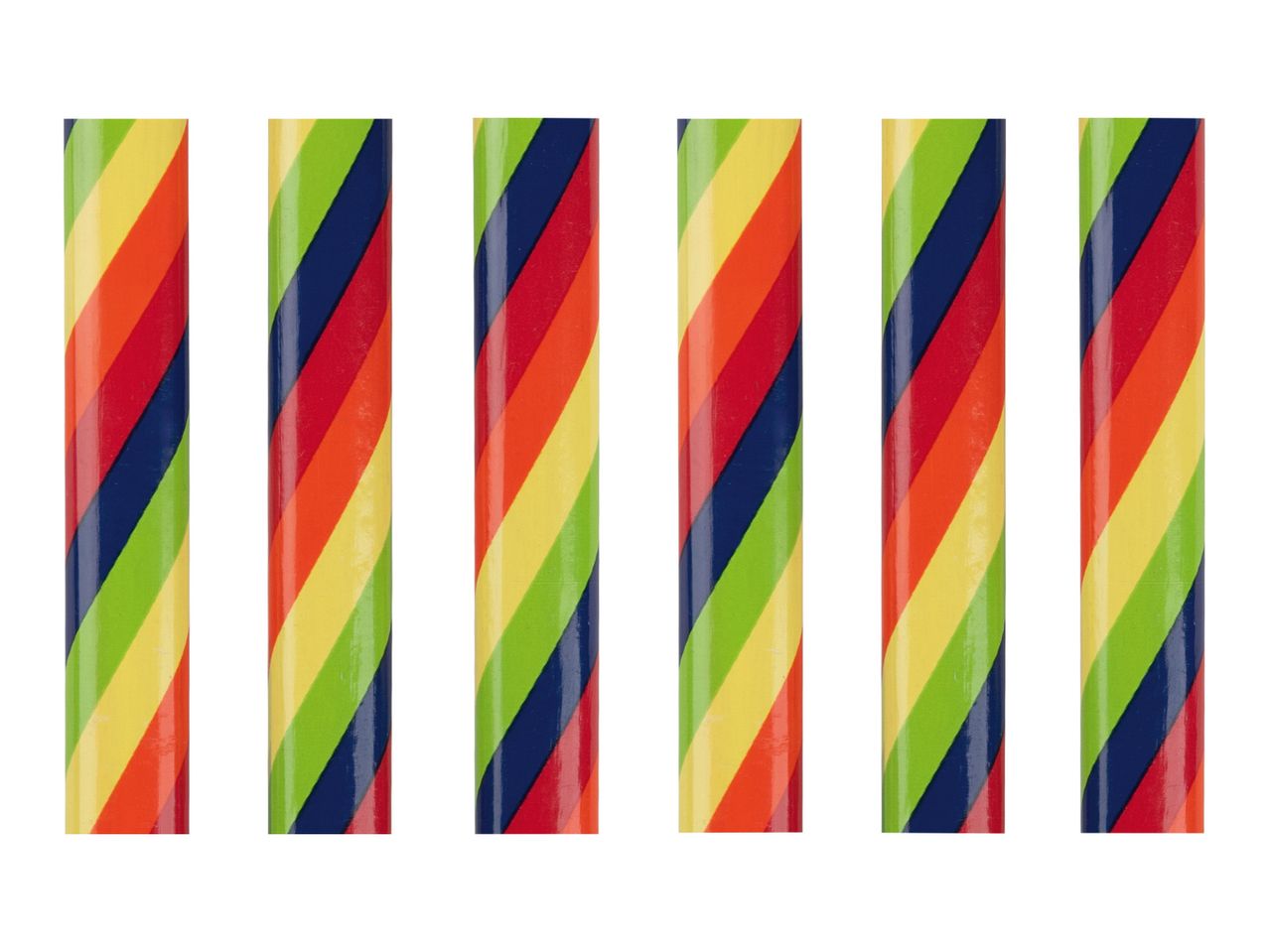 Six rainbow-striped pencils.