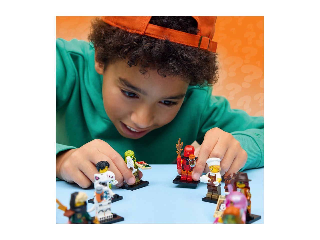 A child playing with various minifigures, including a zombie with pizza and a chef.