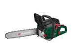 Green and black chainsaw with a silver blade and red accents, featuring an auto-stop function.