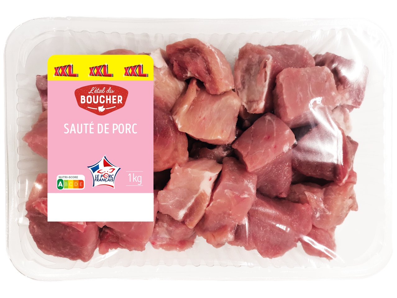 Barquette de sauté de porc de 1kg avec Nutri-Score A et label Le Porc French.