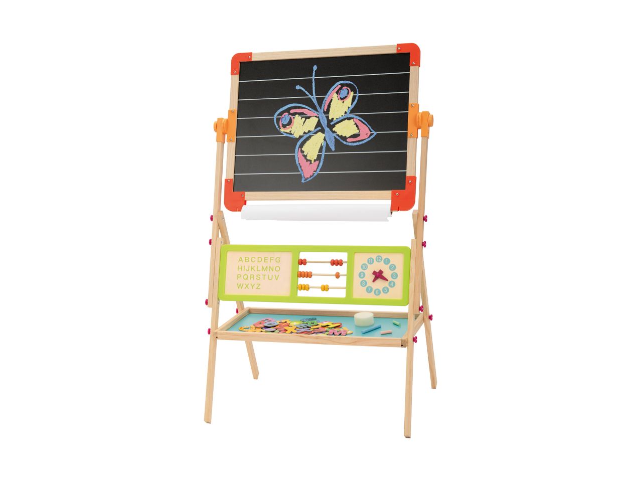 A children's wooden easel with a chalkboard, abacus, clock, and alphabet letters.