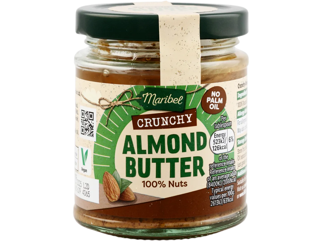 A jar of Maribel Crunchy Almond Butter, 100% Nuts, with no palm oil.