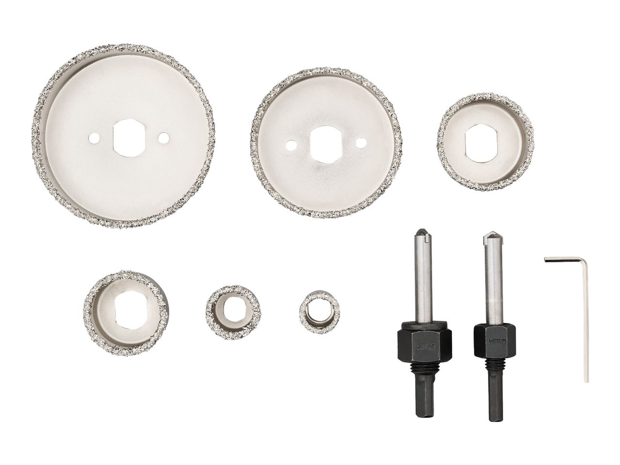 Diamond hole saw set with various sizes, two arbors, and an Allen key.