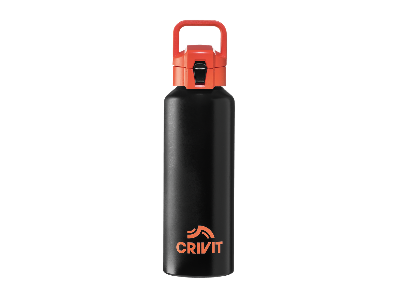 Black Crivit drink bottle with an orange lid and logo.