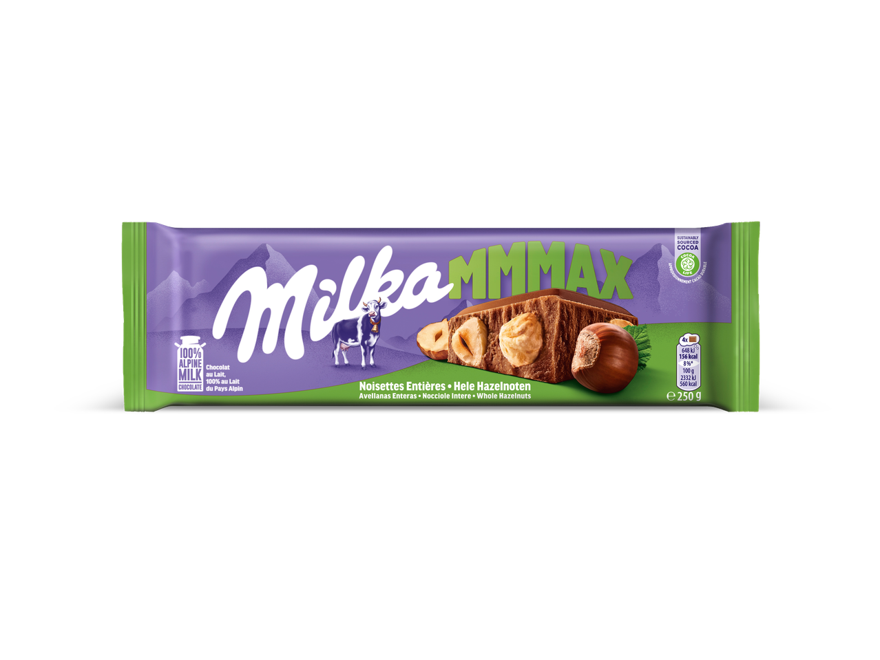 Milka MMMax melkchocoladereep met hele hazelnoten, 250g.