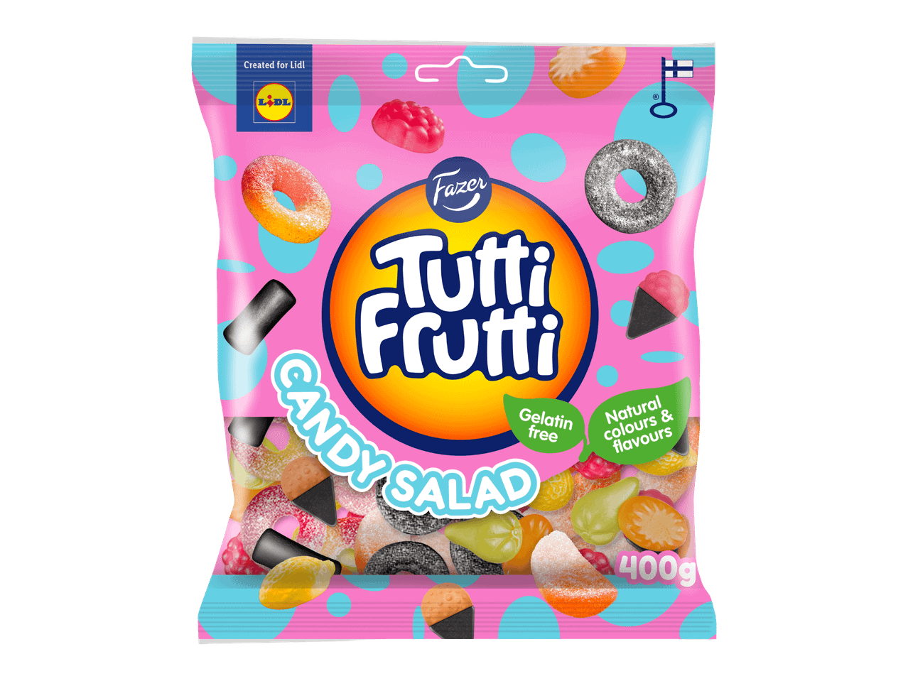 Vaaleanpunainen karkkipussi, jossa on hedelmäkarkkeja, kuten renkaita, marjoja ja jäätelötötteröitä. Teksti: Tutti Frutti Candy Salad, Gelatin free, Natural colours & flavours, 400g.